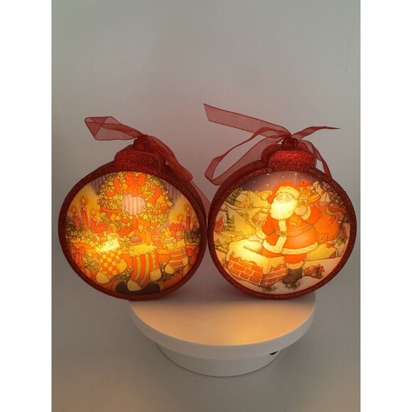 Set of 2 Illuminated Christmas Tree Ornaments Red Circle Santa & Stockings 4.25” - Picture 2 of 11